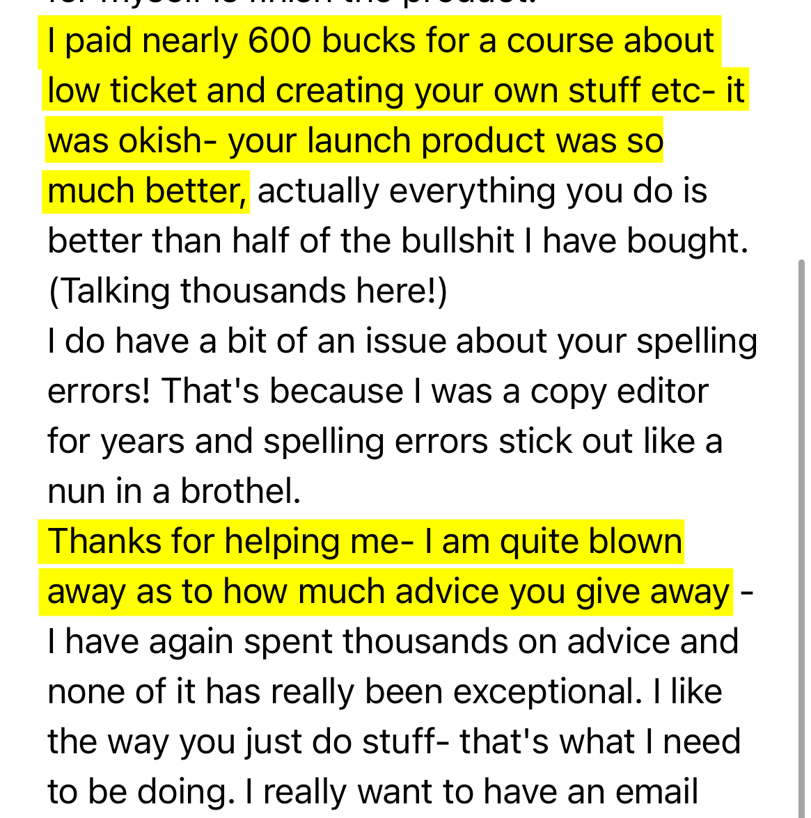Customer testimonial praising Adam's launch product