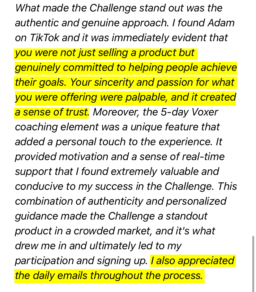 Customer testimonial from Olivia