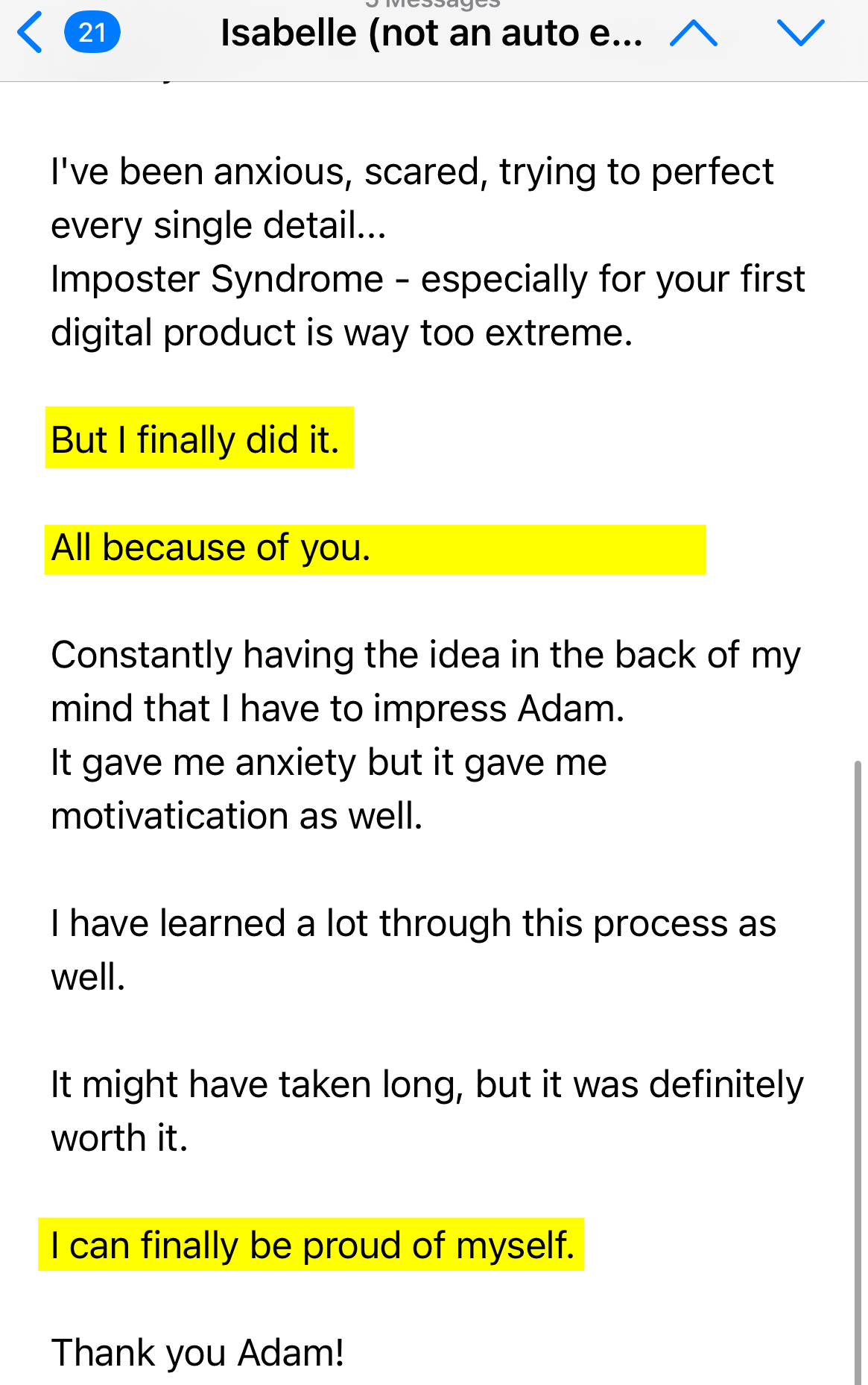Customer testimonial about overcoming anxiety and launching