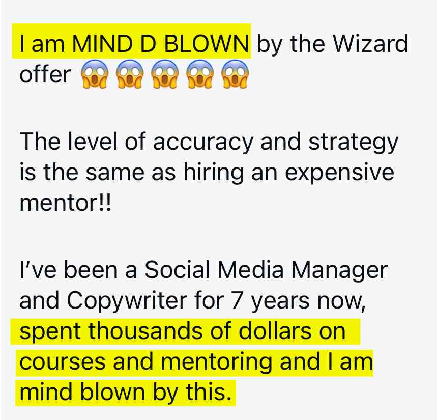 Flor: I am MIND BLOWN by the Wizard offer. The level of accuracy and strategy is the same as hiring an expensive mentor.