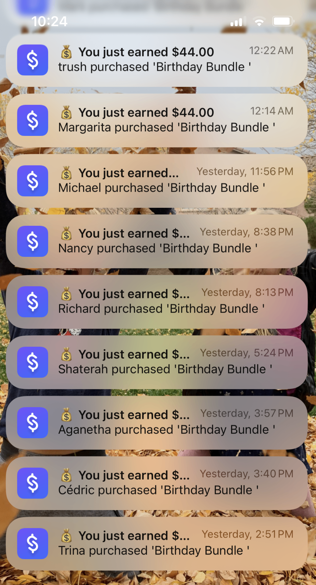 Phone screen showing multiple Birthday Bundle sale notifications