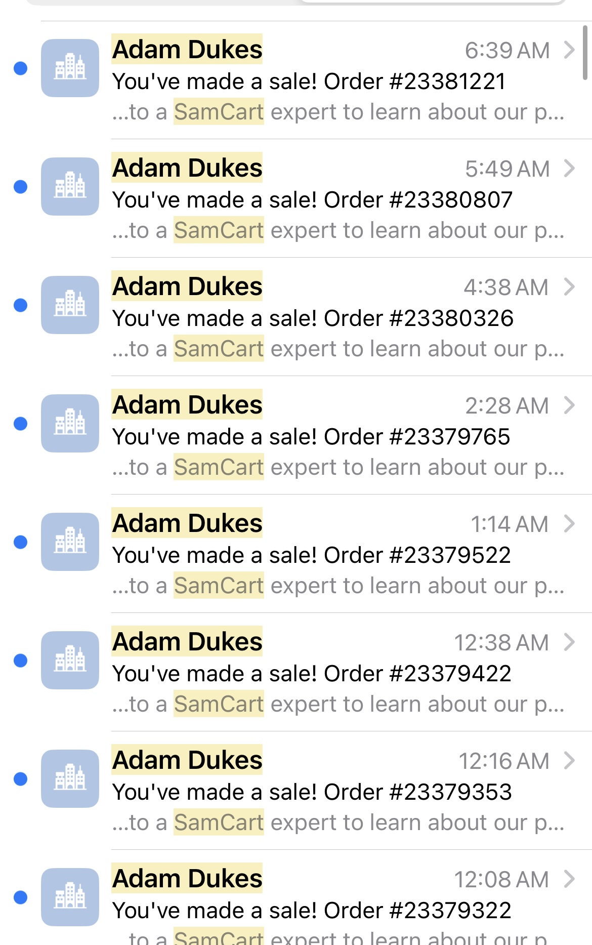 Phone screen showing multiple SamCart new order emails